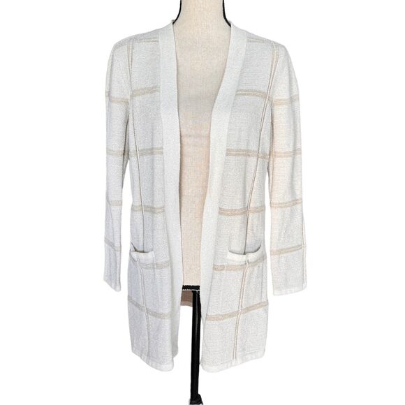 Alfani Petite Medium Shine Window Pane Cardigan Sweater Pockets Open Front Beige - Picture 1 of 8
